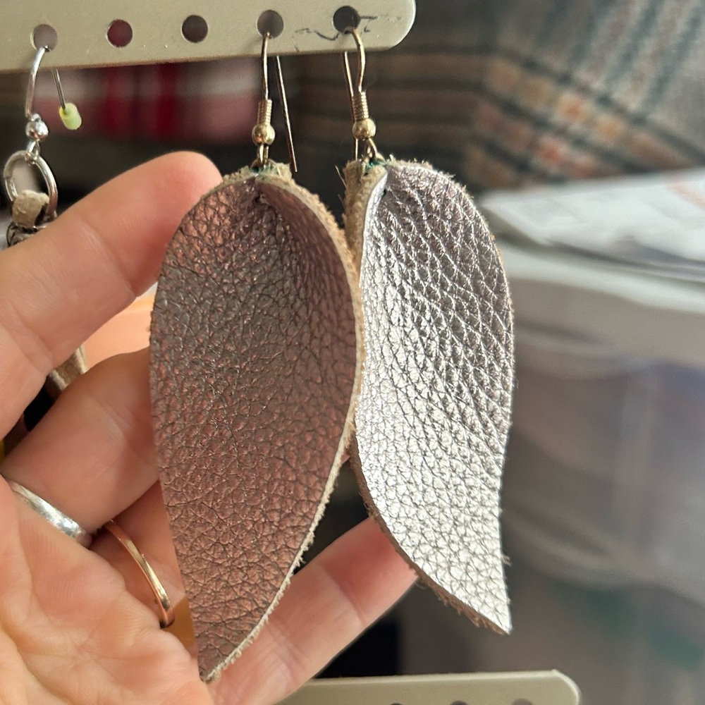 Silver tone leather earrings